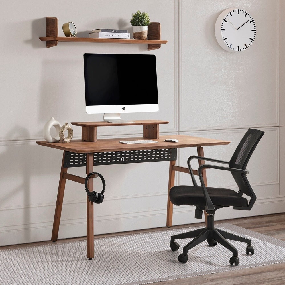 American Walnut Wooden Desk, Minimalist Computer Desk, Office Desk with Cable Organizer & Headphone Holder, Personalized Gift