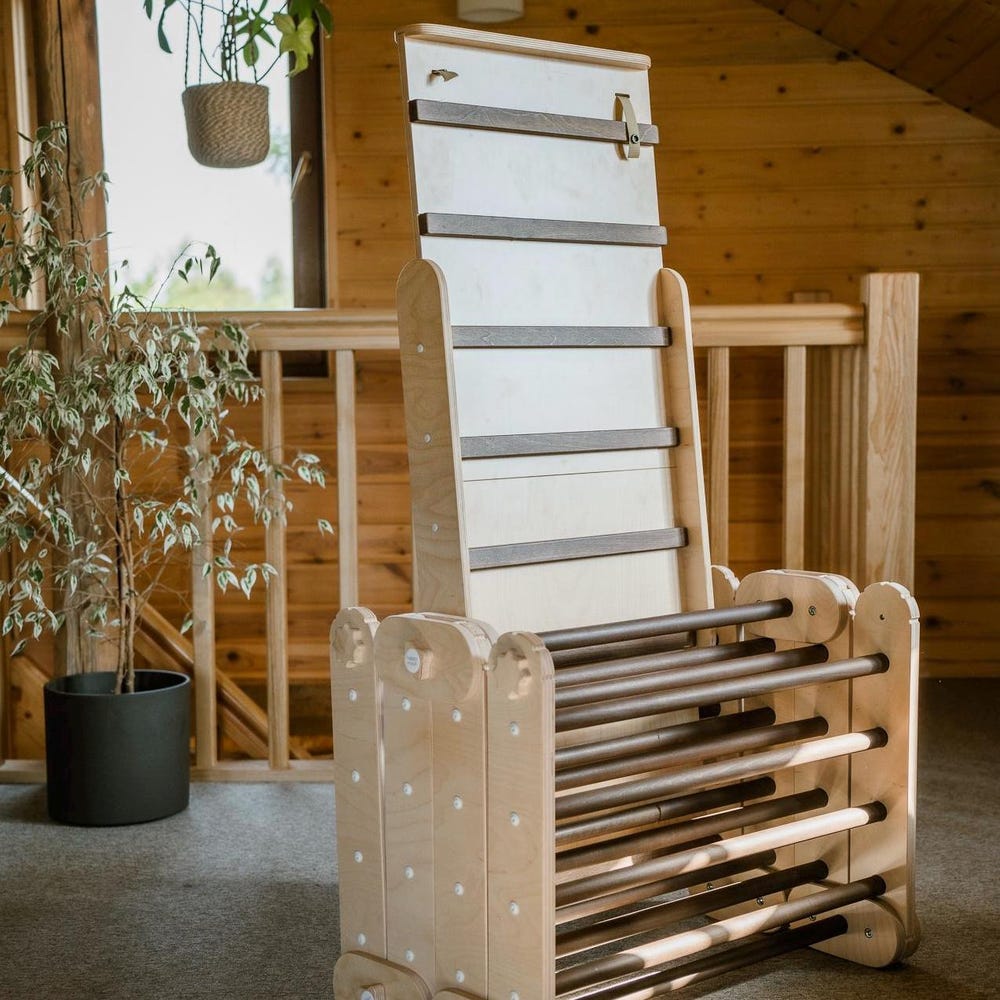 DARKWOOD CLIMBER with two darkwood ramps, wooden gymnastic complex, transformable triangle, Montessori ramps, climbing Gym.