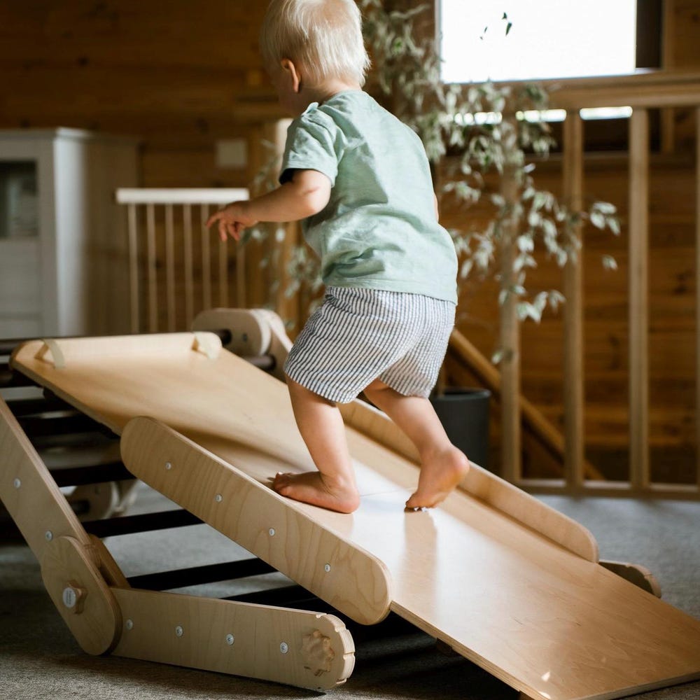 DARKWOOD CLIMBER with two darkwood ramps, wooden gymnastic complex, transformable triangle, Montessori ramps, climbing Gym.