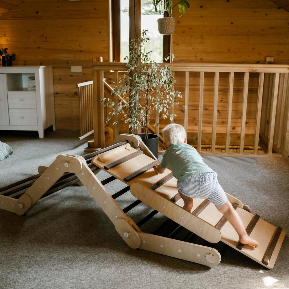 DARKWOOD CLIMBER with two darkwood ramps, wooden gymnastic complex, transformable triangle, Montessori ramps, climbing Gym.