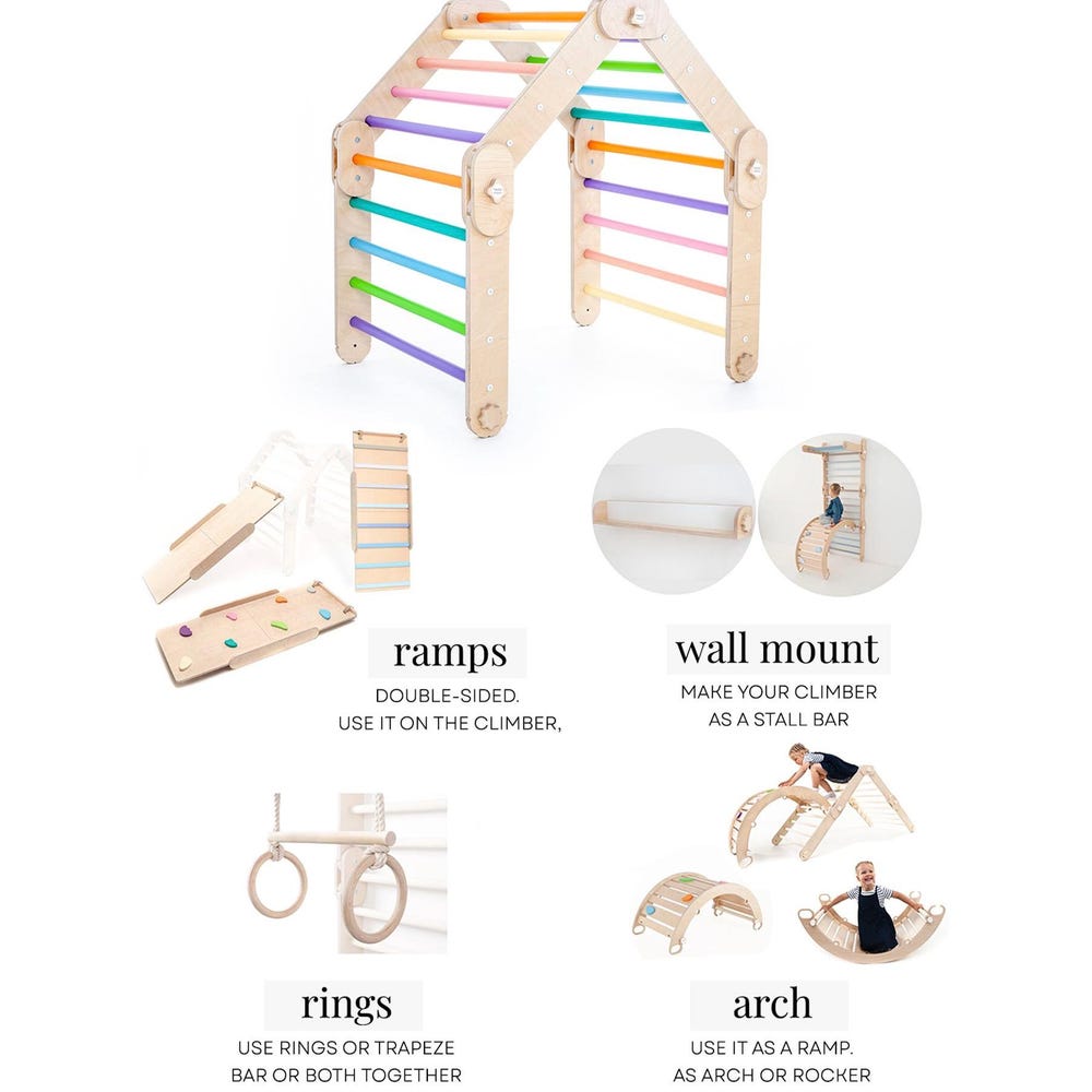 colored climber with two colored ramps, climbing triangle, Montessori climbing gym