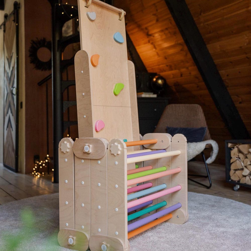 colored climber with two colored ramps, climbing triangle, Montessori climbing gym