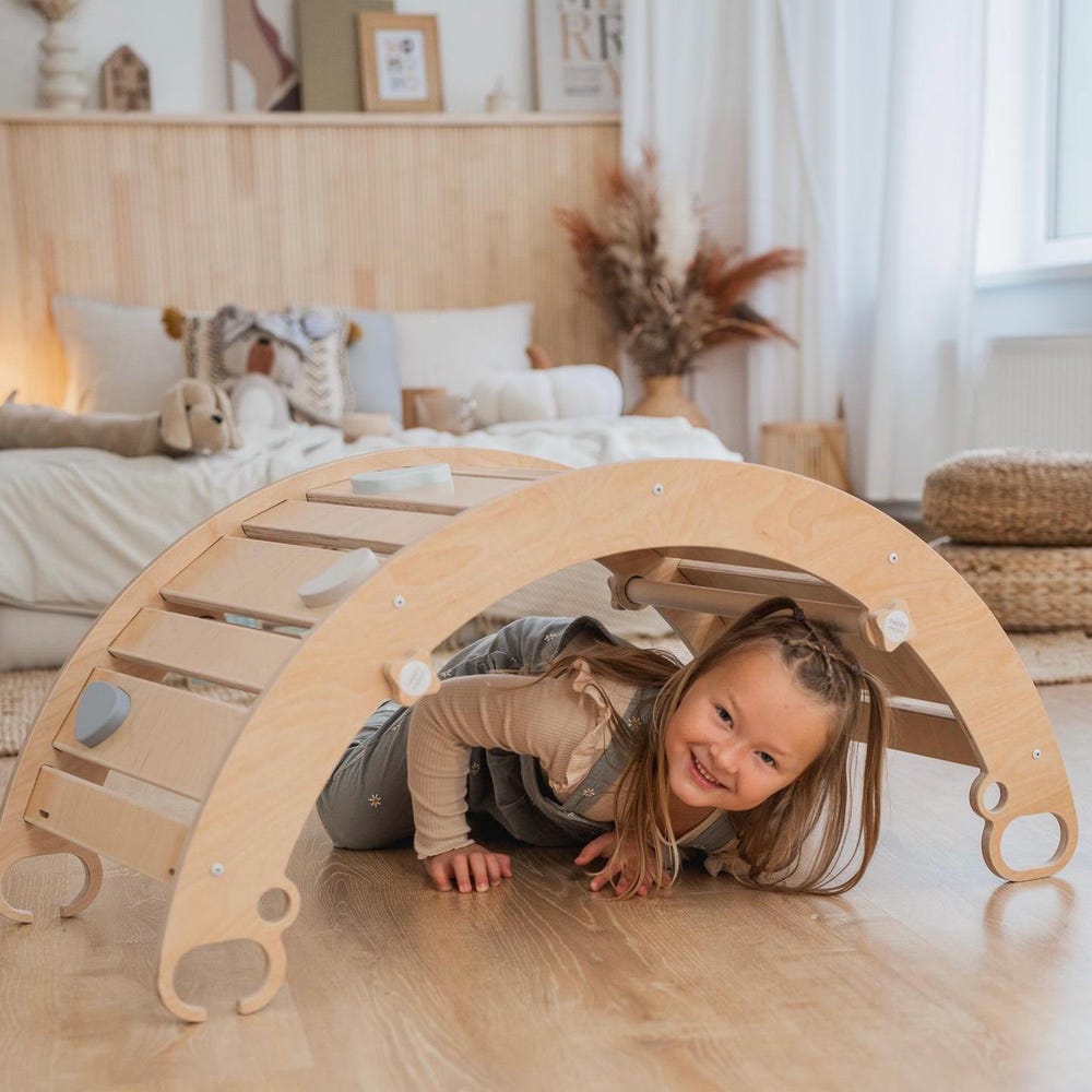 climbing arch, ramp, rocker-arch, Montessori toys, montessori furniture, rainbow rocker, wooden climbing toy for toddlers
