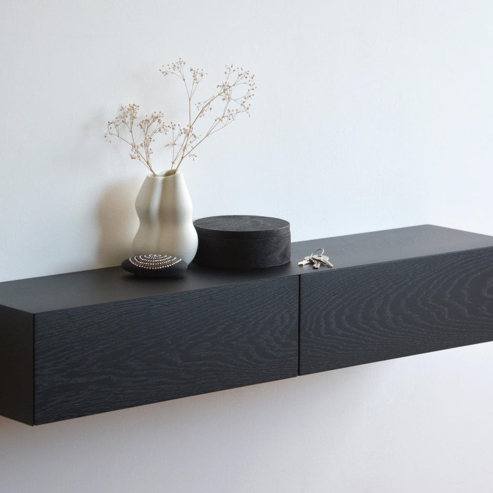 Black oak entryway shelf with hidden drawers / narrow entryway table