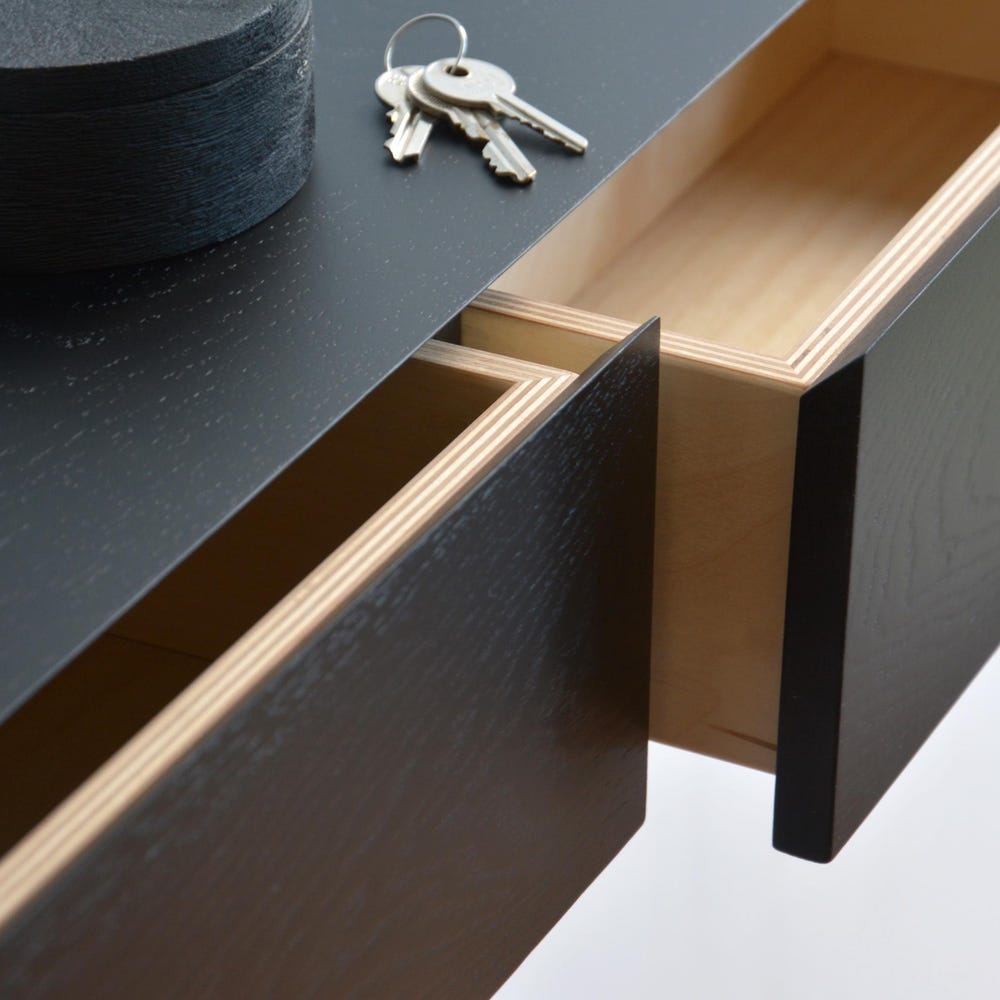 Black oak entryway shelf with hidden drawers / narrow entryway table