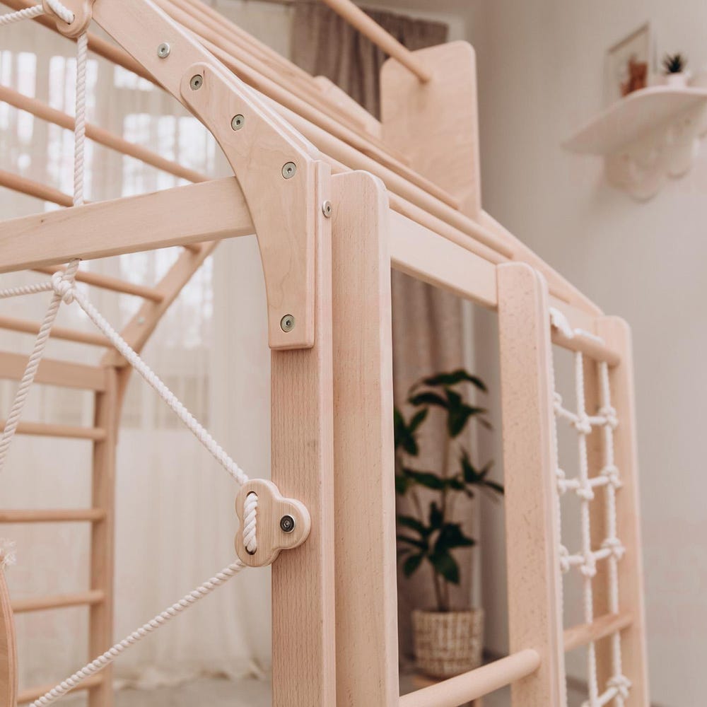 56x43" Up to 6 Years Montessori Climber Playhouse with Waldorf Baby Swing, Gymnastics Rings & Toddler Climber Rope, Handmade Furniture Gift
