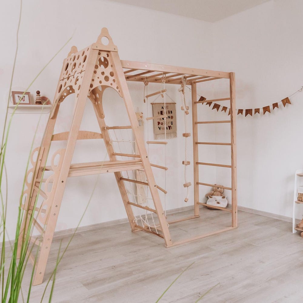 78x90" Up to 8 Years Climbing Triangle Circle Teepee Playhouse with Montessori Climber Ladder & Optional Gymnastics Waldorf Accessories