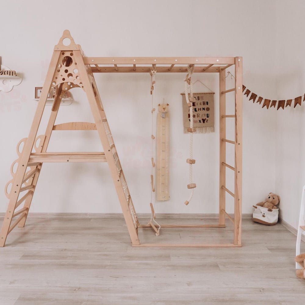 78x90" Up to 8 Years Climbing Triangle Circle Teepee Playhouse with Montessori Climber Ladder & Optional Gymnastics Waldorf Accessories