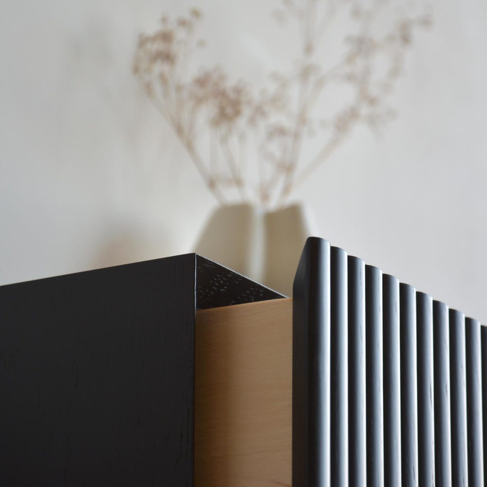Black oak entryway shelf with FLUTED drawers / narrow entryway table