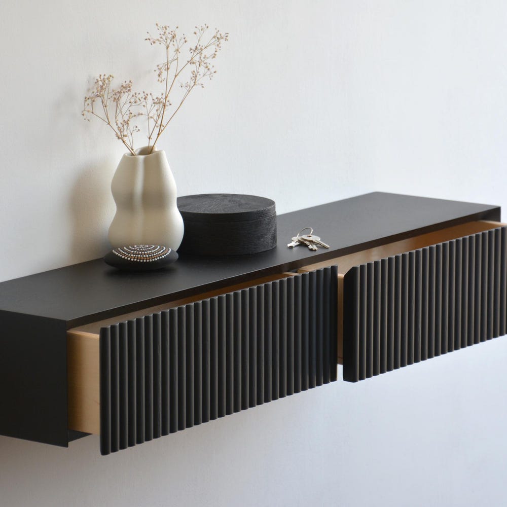 Black oak entryway shelf with FLUTED drawers / narrow entryway table
