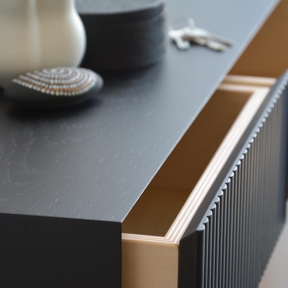 Black oak entryway shelf with FLUTED drawers / narrow entryway table