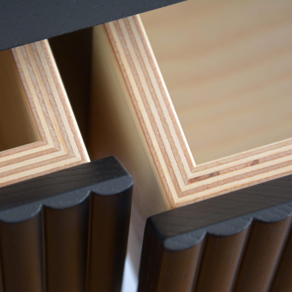 Black oak entryway shelf with FLUTED drawers / narrow entryway table