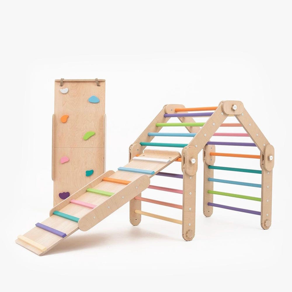 colored climber with two colored ramps, climbing triangle, Montessori climbing gym