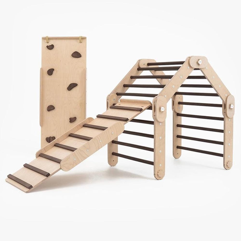 DARKWOOD CLIMBER with two darkwood ramps, wooden gymnastic complex, transformable triangle, Montessori ramps, climbing Gym.