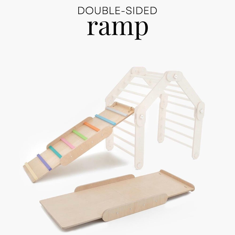 colored climber with two colored ramps, climbing triangle, Montessori climbing gym