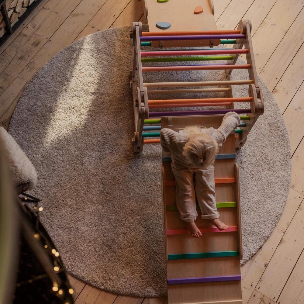 colored climber with two colored ramps, climbing triangle, Montessori climbing gym
