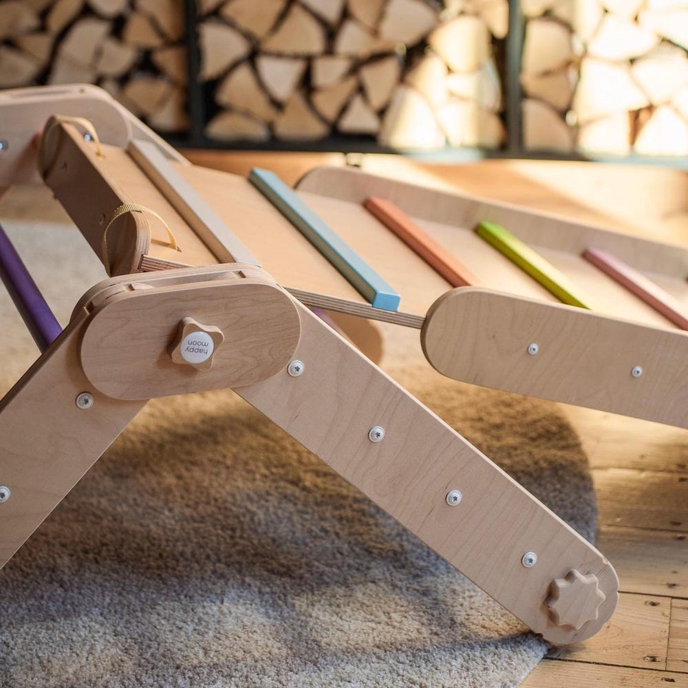 colored climber with two colored ramps, climbing triangle, Montessori climbing gym