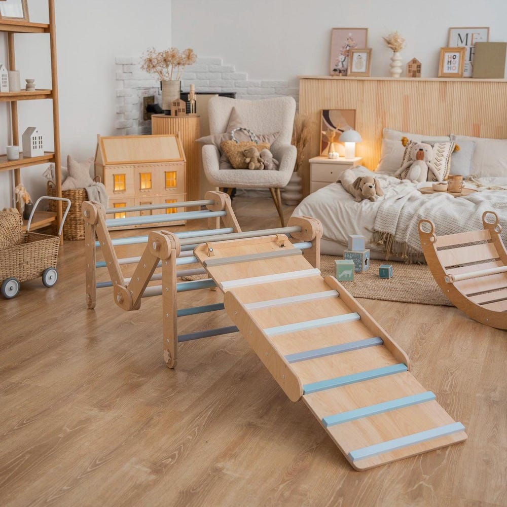 BLUE CLIMBER, with blue ramp, transformable triangle, happymoon, Montessori ramp, toddler triangle, climbing triangle