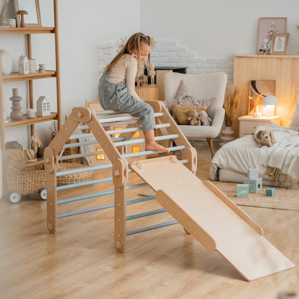 BLUE CLIMBER, with blue ramp, transformable triangle, happymoon, Montessori ramp, toddler triangle, climbing triangle