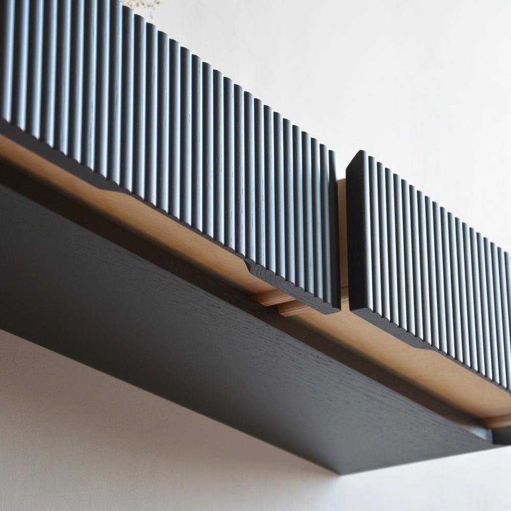 Black oak entryway shelf with FLUTED drawers / narrow entryway table